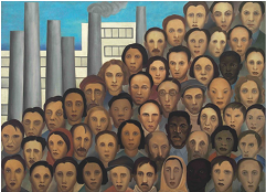 A pintura contém os rostos de pessoas de várias etnias, dispostos em fileiras, como uma multidão de operários. Ao fundo, céu azul, chaminés com fumaça cinza e prédios brancos, representando as fábricas.